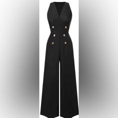 Women's Golden Button Detail Cropped Black Jumpsuit Zipper In The Back Light Fabric New Size Xl Elegant Buttoned Jumpsuits And Rompers For Party, Elegant Sleeveless Jumpsuits And Rompers With Buttons, Formal Jumpsuits And Rompers With Button Closure, Chic Black Jumpsuits And Rompers With Buttons, Chic V-neck Jumpsuits And Rompers With Buttons, Elegant V-neck Jumpsuits And Rompers With Buttons, Elegant V-neck Jumpsuit Or Romper With Buttons, Black And Gold Jumpsuit, Elegant Button-up Jumpsuits And Rompers With Pockets