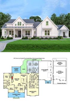 two story house plans with an open floor plan and large front porch, along with a garage