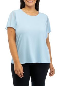 Feminine flutter sleeves bring a touch of romance to this knit top from Calvin Klein. | Calvin Klein Women's Plus Size Short Flutter Sleeve Knit Top, 2X Calvin Klein Stretch Crew Neck Top, Calvin Klein Solid Tops For Summer, Calvin Klein Summer Tops, Spring Stretch Calvin Klein Tops, Calvin Klein Stretch Tops For Spring, Calvin Klein Spring Tops, Elegant Stretch Tops With Flutter Sleeves, Spring Calvin Klein Solid Color Tops, Calvin Klein Solid Color Spring Tops