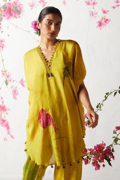 Yellow chinon chiffon kaftan with floral and bird printed motifs and sequins embroidery. Comes with pant. - Aza Fashions Spring Silk Kaftan With Printed Motifs, Spring Silk Kaftan With Resham Embroidery, Spring Green Kaftan With Printed Motifs, Silk Kaftan With Floral Embroidery For Spring, Spring Festive Kaftan With Chikankari Embroidery, Spring Silk Kaftan With Floral Embroidery, Summer Festive Kaftan With Printed Motifs, Spring Festive Kaftan With Floral Embroidery, Spring Floral Embroidered Festive Kaftan