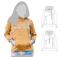 a woman's hoodie and top sewing pattern, with the hood pulled up