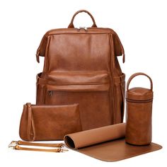 three pieces of brown leather are shown in this ad for the new women's backpack