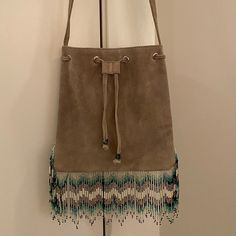 Star Mela Suede Drawstring Crossbody Beaded Bag Gray Suede Leather (Appears Lighter In Person) New Never Used Without Tags Non-Adjustable Strap Beads In Perfect Condition Beaded Bag, Beaded Bags, Gray Suede, Suede Leather, Bead Work, Crossbody Bags, Adjustable Straps, Bag Lady, Beads