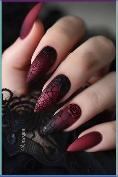 Red Black Matte Nails, Dark Red Gel Nails Design, Panther Nails Designs, Dark Festive Nails, Wedding Nails Autumn, Matte Black And Red Nails, Nails Red And Black Design, Goth Red Nails