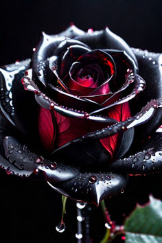 a red rose with water droplets on it's petals and leaves in front of a black background