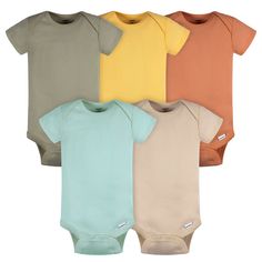 These Onesies® bodysuits are your essential baby boy everyday outfit. Easy to wear as a one-piece outfit in warmer months and simple to layer on cooler days. Crafted from 100% cotton to be gentle on sensitive skin, these outfits are easy to slip on either as a pullup or pullover. High-positioned snaps make it easy to change a diaper without removing the entire outfit. If an outfit change is needed, the expandable lap shoulder neckline makes it easy to pull the dirty outfit down over the legs. We Neutral Green, Gerber Baby, Baby Boy Onesies, Boy Onesie, Brown Shorts, One Piece Outfit, Everyday Outfit, Short Sleeve Bodysuit, Neutral Baby