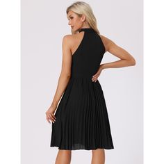 This dress is lightweight and breathable, perfecting for warm weather. The pleated design of the dress creates a flattering silhouette that complements different body shapes. A must-have option for the new season, add new styles to your wardrobe Perfect for formal or casual occasions such as work events or parties. It features a tie halter neck design that adds a touch of elegance to the dress, while the sleeveless cut keeps you cool and comfortable throughout the day. It comes in a range of siz Summer Sleeveless A-line Dress With Pleated Hem, Summer A-line Sleeveless Dress With Pleated Waist, Flattering Sleeveless Mini Dress, Flattering Sleeveless Solid Mini Dress, Sleeveless Summer Mini Dress With Pleated Back, Sleeveless Mini Dress With Pleated Back For Summer, Sleeveless Summer Mini Dress With Pleated Hem, Spring Pleated Halter Dress For Date Night, Summer Sleeveless Mini Dress With Pleated Hem