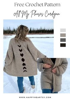 two people walking in the snow wearing sweaters with hearts on them and text that reads, free crochet pattern all my phases cardigan