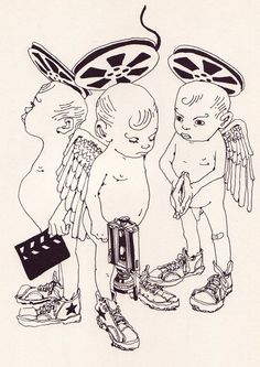 an ink drawing of two children with angel wings on their heads and one holding a camera