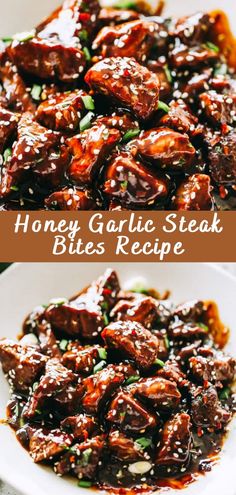 honey garlic steak bites recipe on a white plate