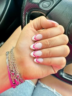 Polka dotted french tip nails for summer. Pink French Tip Nails With Polka Dots, Fun Nail Designs French Tip, School Nail Inspiration, Pink With Black Design Nails, Cute Nail Inspo French Tips, Pink Polka Dot Nail Designs, Fun Summer Nails French Tips, Cute Summer Nail Designs Almond, Cute Simple Pink Nail Designs