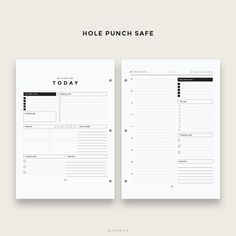 the printable hole punch safe planner is shown in black and white, with text that reads