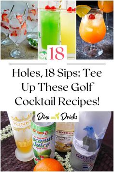 Collage of 4 golf cocktails. Golf Drinks Alcohol, Golf Themed Alcoholic Drinks, Golf Inspired Cocktails, Golf Themed Cocktails, Golf Shots Alcohol, Golf Drinks, Drink Names, Breakfast Cocktails, Booze Drink