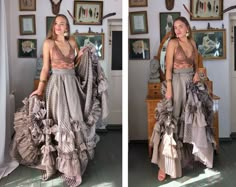 two pictures of a woman wearing a dress with ruffles on the bottom and side