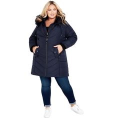 Elevate your winter style with the Chevron Long Puffer Coat in rich navy. This cold-weather essential boasts a cozy faux fur trim hood neckline, shirred cuffs on long sleeves, and a double zip front closure. Two functional front pockets and a below-hip hemline add practicality and flair to your chilly day ensemble.Key Features Include: - Faux fur trim hood neckline- Long sleeves with shirred cuffs- Double zip front closure- 2 functional front pockets - Below hip hemlineTeam with ankle boots for Crop Denim Vest, Plus Size Peplum, Long Puffer Coat, Long Winter Coats, Long Puffer, Quilted Puffer Jacket, Plus Size Coats, Ladies Of London, Favorite Sweater