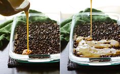 the process of adding peanut butter to coffee beans in a glass dish with a green towel