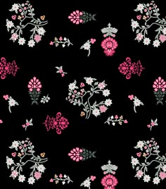 a black background with pink and white flowers on it's sides, all over