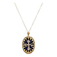 Beautiful 0.12 ct. white diamond rounds with a nice big blue stone in this handmade pendant necklace.  Carefully handcrafted in 14k yellow gold.  Length of chain is 18".  Metal: Yellow Gold Stone: White Diamond Stone Cut: Round Cut  Exact dimensions for the item are unknown. Please reach out in the seller Q&A with questions Oval Diamond Necklace With Large Pendant, Oval Diamond Locket Necklace, Ornate Yellow Gold Necklace With Round Pendant, Blue Diamond Oval Pendant Jewelry, Blue Oval Pendant Necklace With Diamond Accents, Blue Diamond Oval Pendant Necklace, Blue 14k Gold Medallion Necklace, Ornate Yellow Gold Round Pendant Necklace, Yellow Gold Round Pendant Necklace, Fine Jewelry