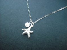 starfish and freshwater pearl necklace  sterling by Lana0Crystal, $25.00 Elegant Sterling Silver Jewelry With Starfish Charm, Starfish-shaped Necklace With Pearl Charm For Gift, Elegant Silver Starfish Jewelry, Elegant Silver Starfish Necklace, Delicate Silver Charm Necklace With Pearl, Silver Starfish Charm Necklace In Sterling Silver, Silver Sterling Necklace With Starfish Charm, Silver Necklace With Sterling Silver Starfish Charm, Minimalist Silver Charm Necklace With Pearl