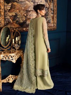 Brand: NUREHProduct Code: NEL-50Collection: Nureh Elanora Unstitched Luxury Chiffon CollectionFabric: Chiffon DESIGN DETAILS: Embroidered Chiffon Front With Hand Embellishment Plain Dyed Chiffon Back Embroidered Organza Front & Back Daman Borders Embroidered Organza Connector Patti Embroidered Organza Front Patti Embroidered Chiffon Sleeves Embroidered Organza Sleeves Patch Embroidered Organza Dupatta Embroidered Organza 4 Sides Dupatta Borders Plain Dyed Raw Silk Trouser Plain Dyed Inner DISCLAIMER:* Lining, Laces, and Tassels are not included in unstitched variants.* Embellishment items in stitched outfits are subject to market availability.* Product color may vary due to photographic lighting or your device settings. CARE INSTRUCTIONS: Extra Fabric Has Been Used For Shoot Original Color Long Sleeve Pista Green Georgette Palazzo Set, Green Organza Sets For Formal Occasions, Semi-stitched Pista Green Organza Dress, Pista Green Semi-stitched Organza Dress, Chikankari Embroidered Georgette Palazzo Set For Formal Occasions, Green Georgette Palazzo Set With Intricate Embroidery, Elegant Pista Green Georgette Palazzo Set, Green Georgette Formal Sets, Green Georgette Sets For Formal Occasions