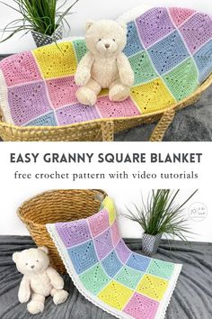 a crocheted blanket with a teddy bear on it and the text easy granny square blanket free crochet pattern with video instructions