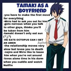 an anime character is standing with his hands in his pockets and the caption reads, tamak as a boyfriend you have to make the first move for everything