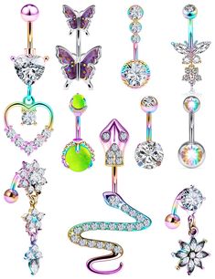 PRICES MAY VARY. Package include:10Pcs Belly Button Ring,【the most special one: bell button ring glowing in the dark & Heart shaped bell button ring, butterfly bell button ring, zircon bell button ring, flower butterfly bell button ring, four clawed round zircon bell button ring, diamond inlaid bell button ring, snake bell button ring, sunflower bell button ring, flower bell button ring,】 Thickness: Gauge Size: 14G (1.6mm); Wearable Bar Length: 10mm; CZ Top Diameter: 5mm;Buttom ; Color: Rainbow！ Colorful Belly Button Piercing, Stomach Hangy Butterflie Piercings Belly Rings, Cheap Nickel-free Dangle Belly Rings, Adjustable Nickel-free Dangle Belly Rings, Dangle Belly Button Piercing Tummytoys® At The Belly Ring Shop, Barbell Piercing, Belly Piercing Jewelry, Belly Button Jewelry, Dangle Belly Rings