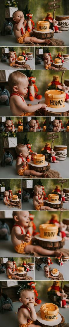 there are many different pictures of cakes on the shelves together, and one is holding a baby's head