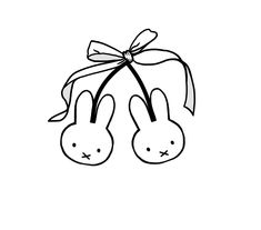 two bunnies tied to a ribbon with ears drawn in black on a white background