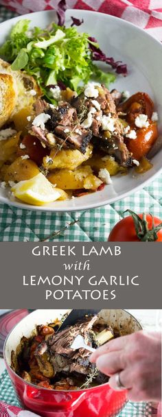 greek lamb with lemony garlic potatoes and parmesan bread is served in a red bowl