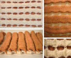 four pictures of different knitted objects, one is orange and the other is white