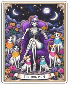 a skeleton sitting on top of a chair with four dogs in front of the moon