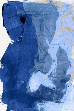 an abstract painting with blue and yellow paint on it's paper, including the silhouette of a man