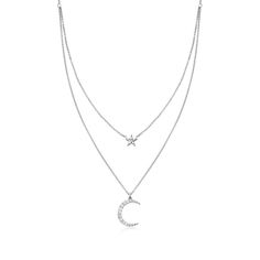 Crescent Jewelry, Fine Jewelery, Star And Moon, Diamond Birthstone, Celestial Necklace, Moon And Star, Diamond Star, Silver Moon, Layered Necklace