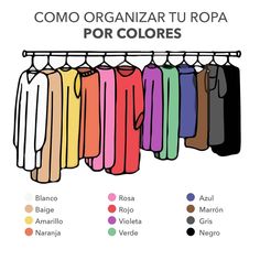 an image of clothes hanging on a rack with the names of colors in spanish and english