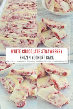 white chocolate strawberry frozen yogurt bark is cut into squares and stacked on top of each other