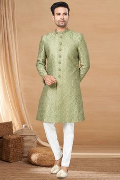 Green Color Fancy Fabric Designer Readymade Indo Western For Men Festive Green Semi-formal Bandhgala, Elegant Semi-formal Sets For Diwali, Elegant Green Semi-formal Kurta, Elegant Festive Semi-formal Kurta, Green Semi-formal Festive Kurta, Elegant Semi-formal Traditional Wear With Dabka, Traditional Green Semi-formal Sets, Elegant Green Nehru Jacket For Diwali, Elegant Green Bandhgala For Eid