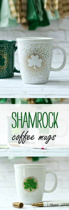 two coffee cups with shamrock designs on them and the words shamrock coffee mugs written in gold