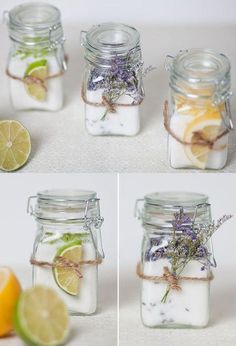 four different shots of lemons and lavender in jars