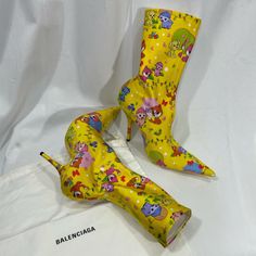 Multi Color Pink Yellow Character Jersey Ankle Boots Booties. Brand New Perfect Condition. Yellow Pointed Toe Party Boots, Yellow Heel Boots, Yellow Ankle-high Spring Boots, Balenciaga Purple Boots, Yellow Leather Ankle-high Boots, Balenciaga Boots, Shoes Balenciaga, Balenciaga Shoes, Pink Yellow