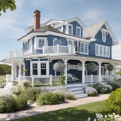 a large blue and white house with lots of windows