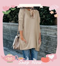 Women's Round Neck Long-sleeve Pocket T-shirt Blouses Beige Crew Neck Blouse For Fall, Fall Crew Neck Blouse With Relaxed Fit, Relaxed Fit Crew Neck Blouse For Fall, Plain T-shirt For Fall, Solid Color Crew Neck Blouse For Fall, Crew Neck Solid Color Blouse For Fall, Casual Long Sleeve Solid Color T-shirt, Long Sleeve Plain T-shirt For Summer, Casual Plain Blouse For Fall