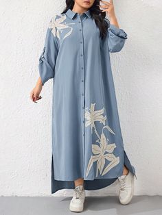 SHEIN Mulvari Plus Size Women Floral Print Ruffle Sleeve Loose Single Breasted Casual Shirt Dress, Spring/Summer | SHEIN USA Casual Long Sleeve Dress With Unlined Sleeves, Oversized Long Sleeve Floral Maxi Dress, Oversized Long Sleeve Maxi Dress With Floral Print, Oversized Printed Blue Dresses, Oversized Blue Printed Dress, Long Sleeve Printed Midi Dress, Long Sleeve Printed Shift Midi Dress, Printed Long Sleeve Shift Dress, Spring Tunic Dresses With Unlined Sleeves