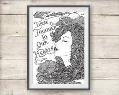 a black and white drawing of a woman's face with the words, there is thunder in our hearts