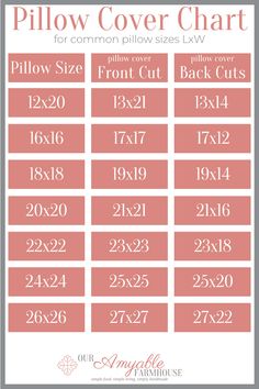 the printable pillow cover chart for pillows