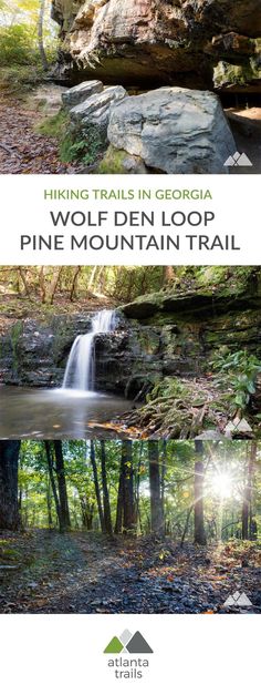 the cover of hiking trails in georgia wolf den loop and pine mountain trail, including a waterfall