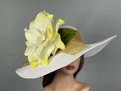 "Vogue hats are perfect for horse racing events, church, the Kentucky derby, weddings, garden tea parties and charity events. 100% Brand new, hand made and high quality. One size hat.(20\" - 22\")  Wired brim  I have designed & created each piece in my shop All pieces are securely wrapped & boxed to prevent damage/breakage Thank you very much for shopping  at my shop Have a great day" Formal Summer Hat With Pinched Crown, Formal Summer Hats With Pinched Crown, Elegant Yellow Hats For Garden Party, Elegant Yellow Hat For Garden Party, Yellow Elegant Mini Hat For Garden Party, Elegant Yellow Mini Hat For Garden Party, Elegant Yellow Fascinator For Races, Elegant Yellow Mini Hats For Races, Horse Racing Party