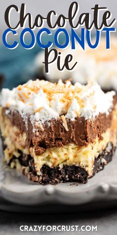 chocolate coconut pie on a plate with text overlay