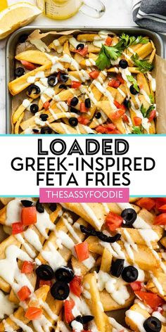 loaded greek - inspired flat fries with cheese and olives in a baking pan on a marble countertop