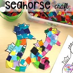 the seahorse craft is ready to be made with construction paper and colored crayons